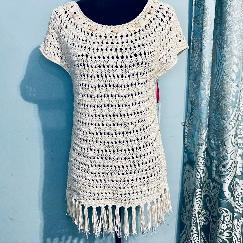 Ruby Rd. Cream Crochet Top with Fringe Size Large NWT